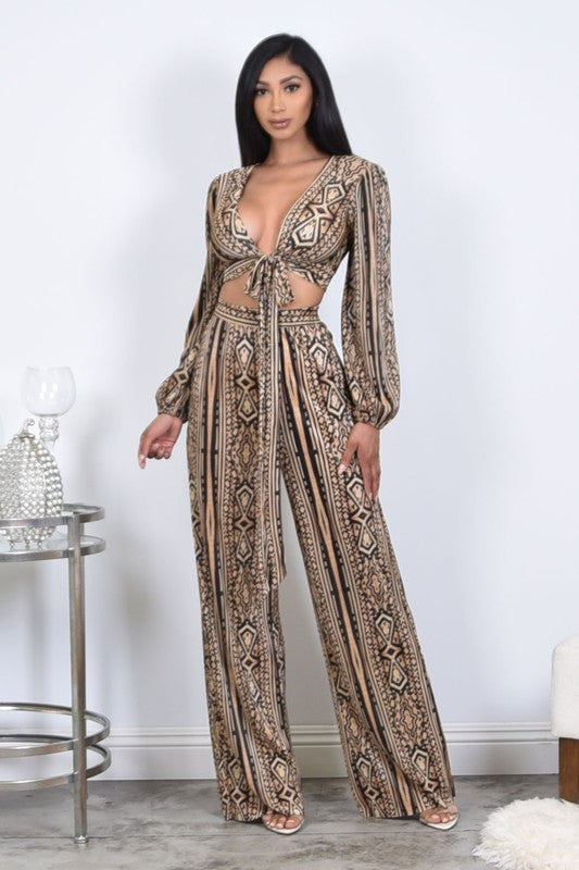 Brown Multi Long Sleeve Front Tie Piece Set