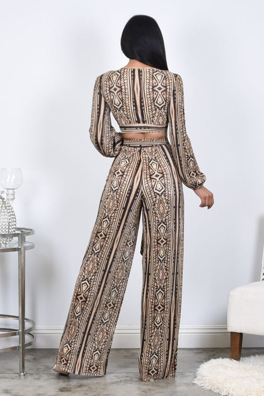 Brown Multi Long Sleeve Front Tie Piece Set