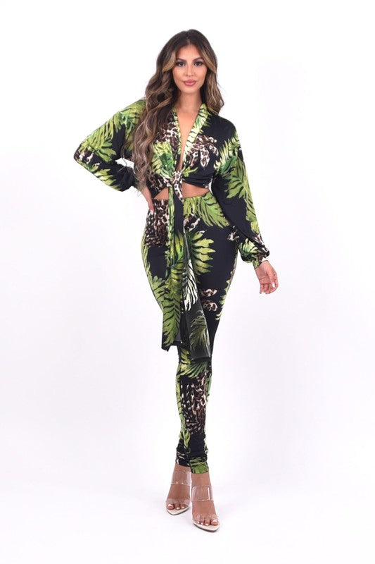 Black Multi Color Tie Front Long Sleeve 2 Piece Set