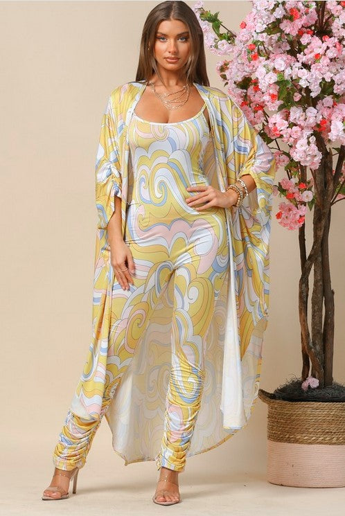 Yellow Abstract Custom Print Round Neck Camisole Style Jumpsuit/COMING SOON!