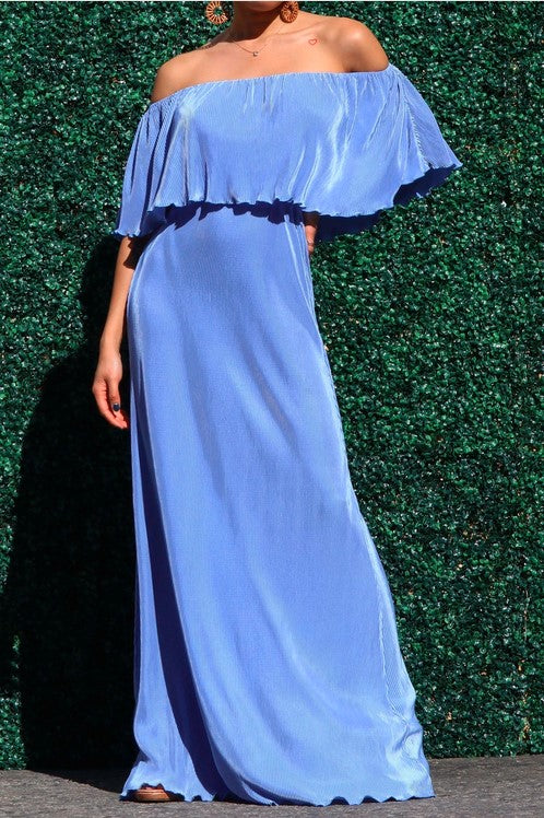 Blue Pleated Off Shoulder Maxi Dress