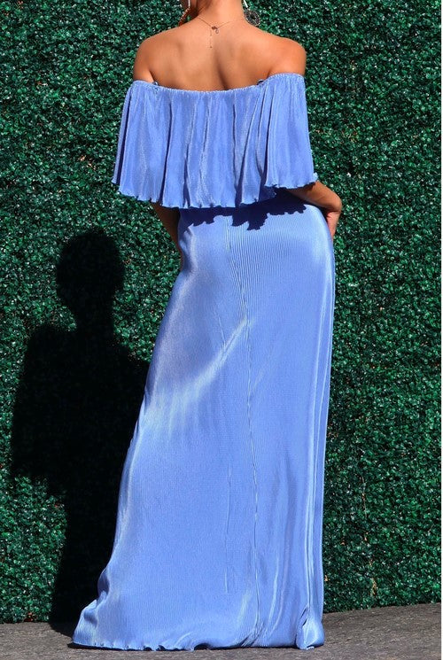 Blue Pleated Off Shoulder Maxi Dress