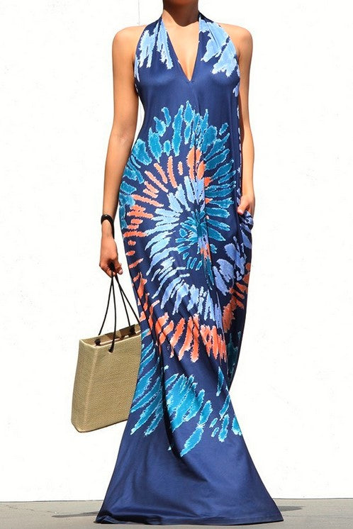 Blue Halter Maxi Dress With Pocket