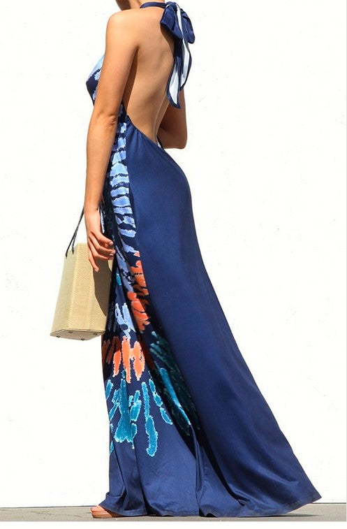 Blue Halter Maxi Dress With Pocket