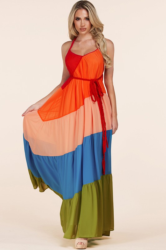 Color Block Maxi Dress with Braided Strap Crosses In The Back