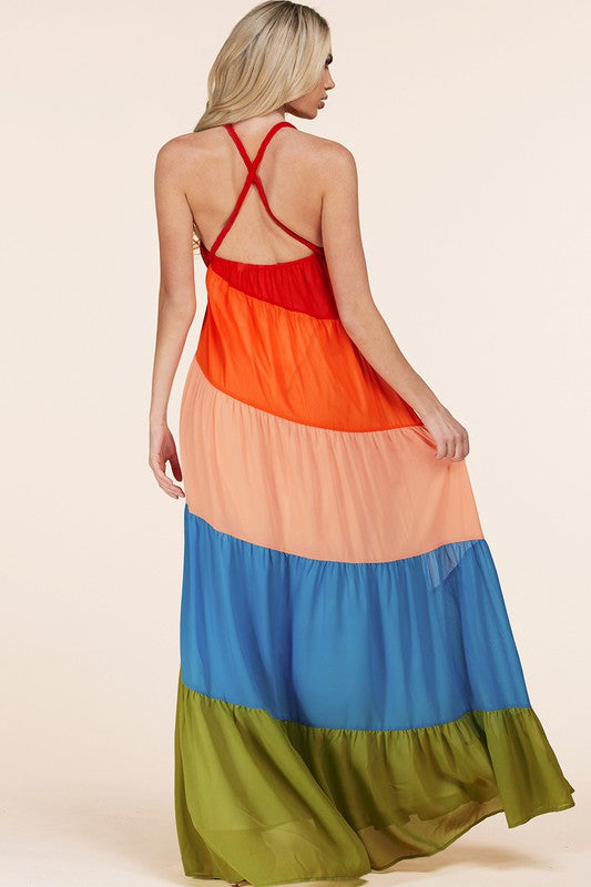 Color Block Maxi Dress with Braided Strap Crosses In The Back