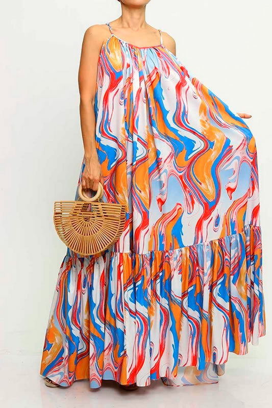 Blue Multi Color Sleeveless Maxi Dress