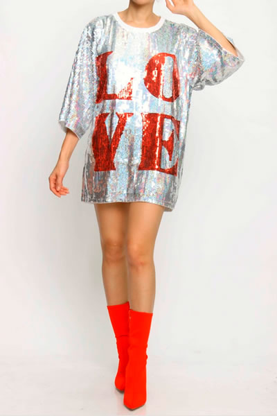 Silver Love Sequins T Shirt Dress