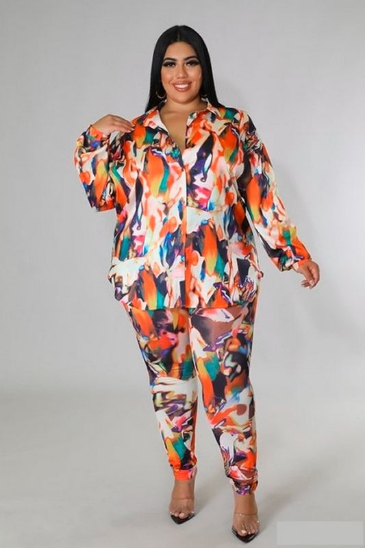 Multi Color Plus Size Tunic Top Long Sleeve Button Closure Two Piece Set