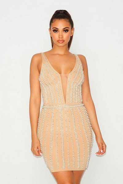 Nude Sleeveless Stud Mini Dress