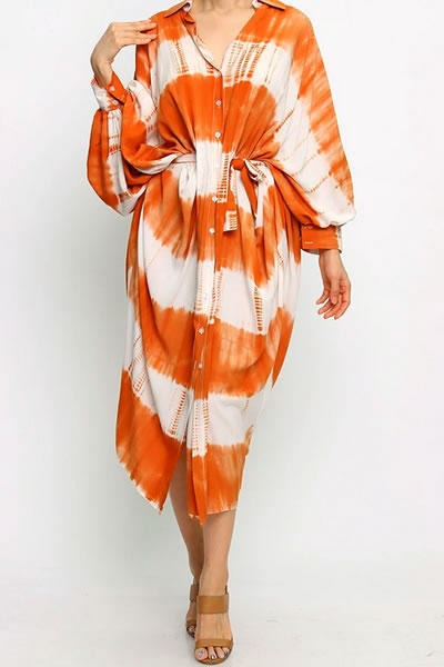 Orange & White Oversized Graduation Striped Shirt Dress