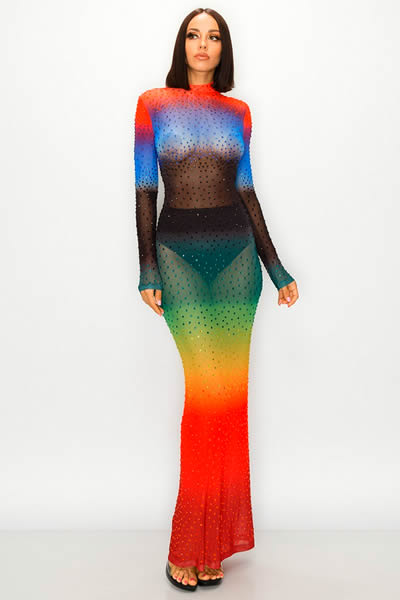 Rainbow Gradient Long Sleeve Maxi Dress