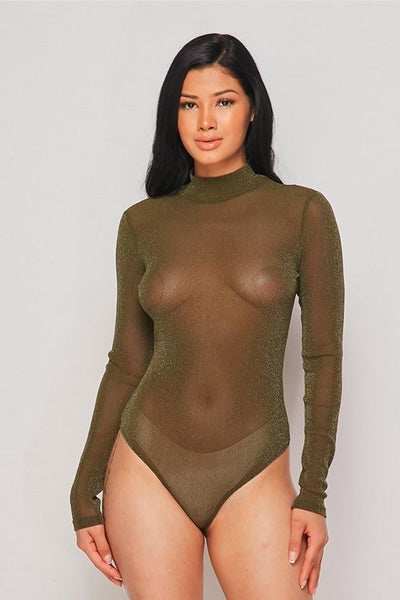 Olive Long Sleeve Power Mesh Body Suit