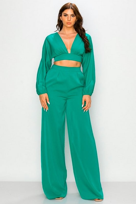 KELLY GREEN DOLMAN SLEEVE CROP TOP AND PANT SET