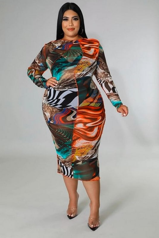 Multi Color Plus Size Round Neckline Long Sleeve Back Zipper Stretch Sheer Dress