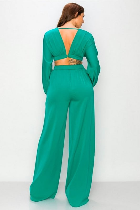 KELLY GREEN DOLMAN SLEEVE CROP TOP AND PANT SET