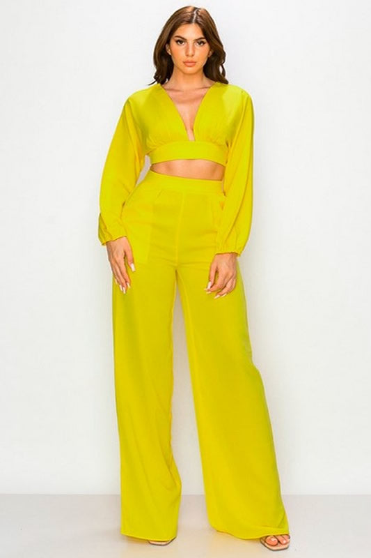 YELLOW DOLMAN SLEEVE CROP TOP AND PANT SET