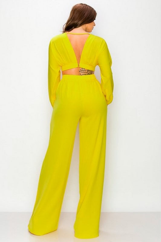 YELLOW DOLMAN SLEEVE CROP TOP AND PANT SET