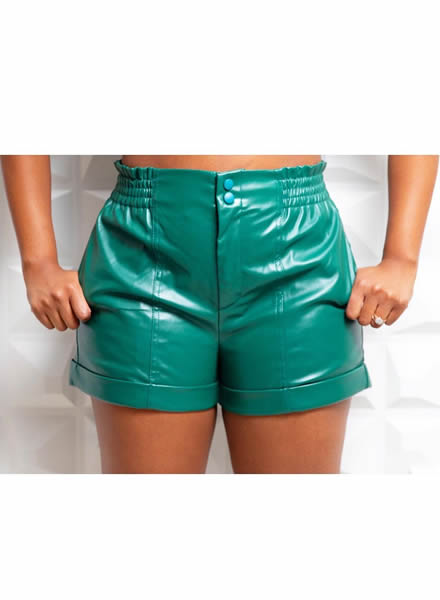 Teal PU Oxford Leather Slant Pocket Roll Hem Shorts