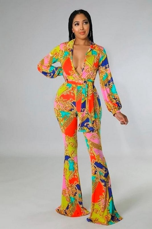 Multi Color Bodysuit V Neck Long Sleeve Two Piece Set