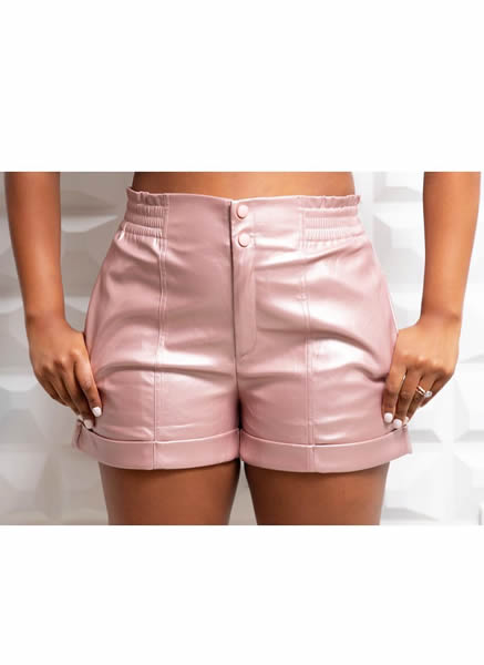 Pink PU Oxford Leather Slant Pocket Roll Hem Shorts