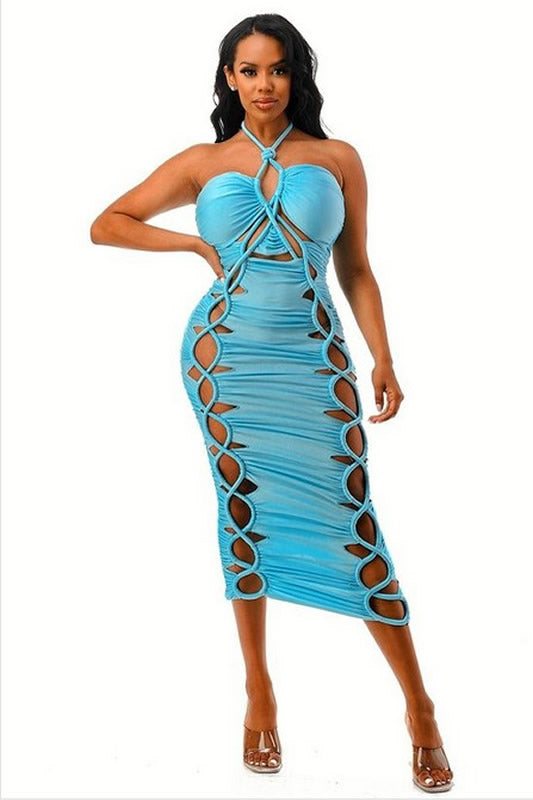 Teal Halter Sleeveless Lace Up Back Zipper Ruched Midi Dress