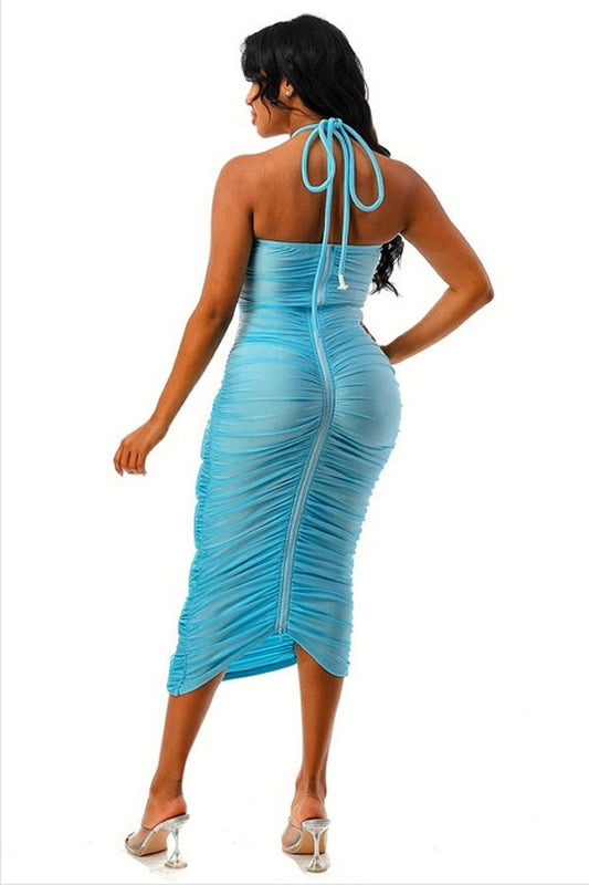 Teal Halter Sleeveless Lace Up Back Zipper Ruched Midi Dress