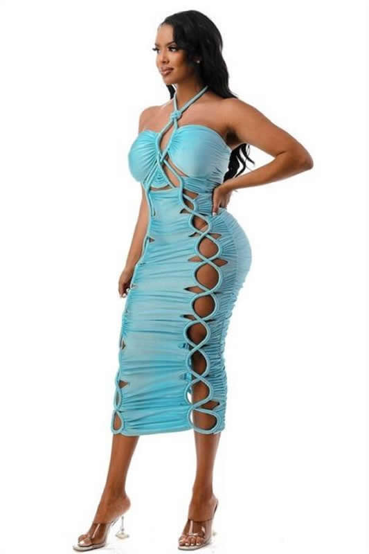 Teal Halter Sleeveless Lace Up Back Zipper Ruched Midi Dress