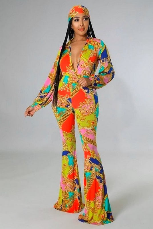 Multi Color Bodysuit V Neck Long Sleeve Two Piece Set