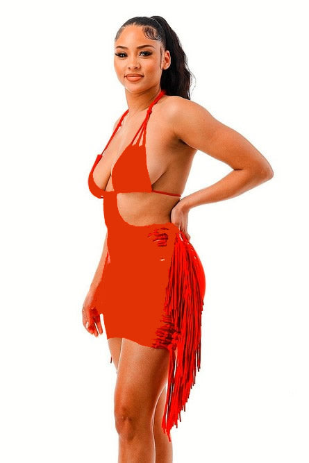 Orange Bikini Top Side Lace Up Fringe Dress