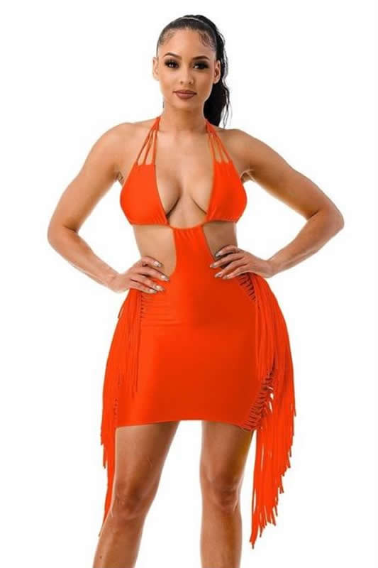 Orange Bikini Top Side Lace Up Fringe Dress