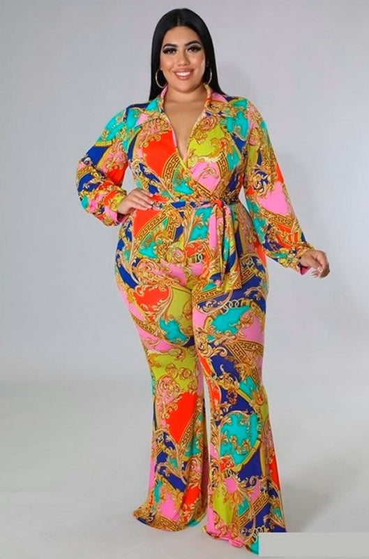 Multi Color Plus Size Stretch Bodysuit V Neck Long Sleeve Two Piece Set