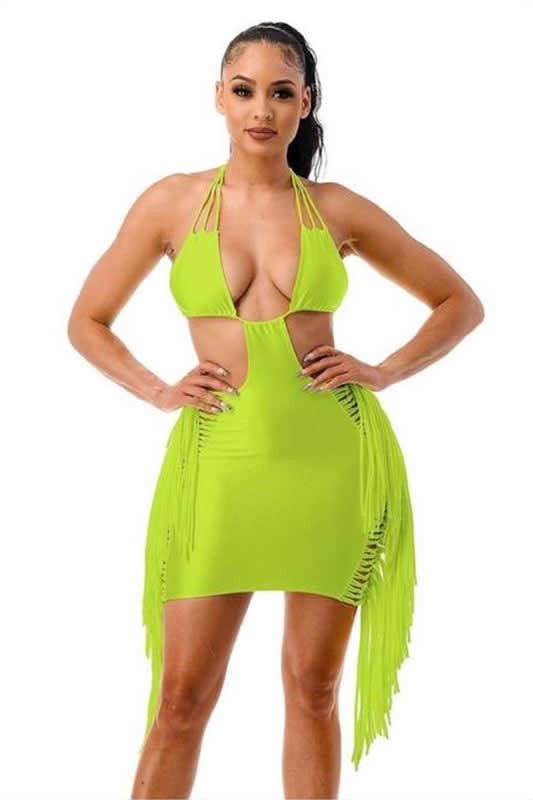 Neon Lime Bikini Top Side Lace Up Fringe Dress