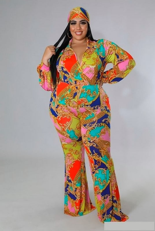 Multi Color Plus Size Stretch Bodysuit V Neck Long Sleeve Two Piece Set