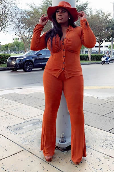 Cognac Long Sleeve Stretch Top High Waist Pants Two Piece Set