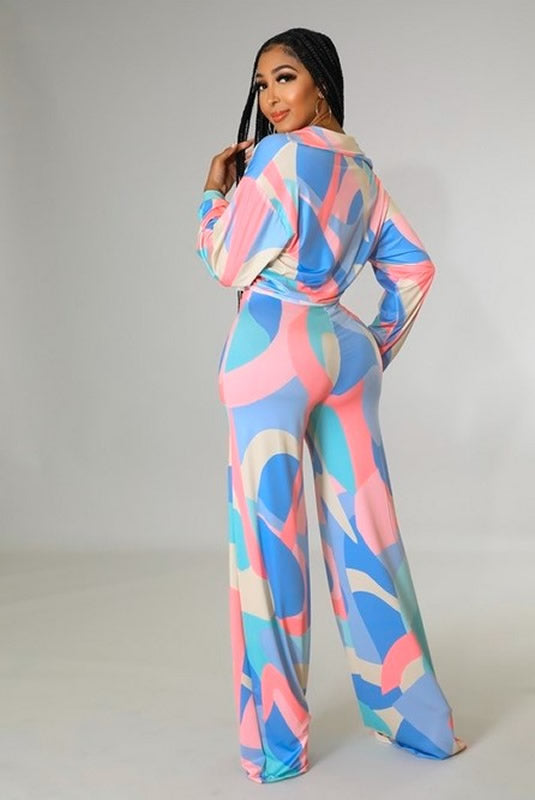 Multi Color Crop Top Long Sleeve Self Tie Two Piece Set