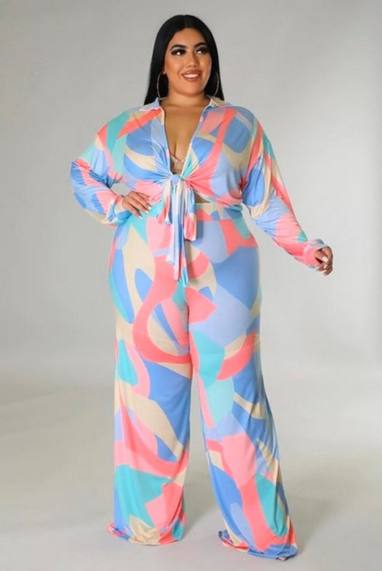 Multi Color Plus Size Crop Top Long Sleeve Self Tie Two Piece Set