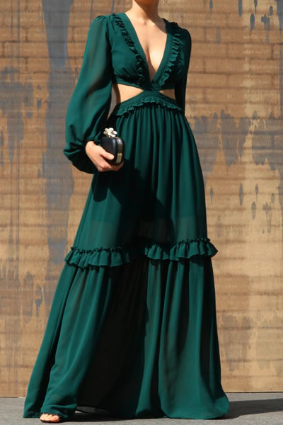 Green Lace Up Woven Puff Sleeve Maxi Dress