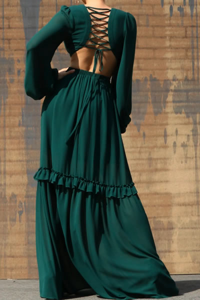 Green Lace Up Woven Puff Sleeve Maxi Dress