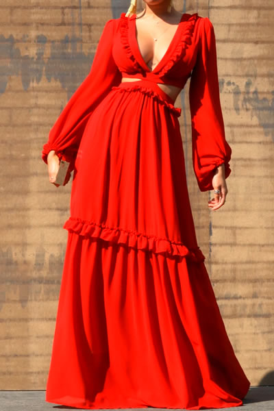 Wine Lace Up Woven Puff Sleeve Maxi Dress