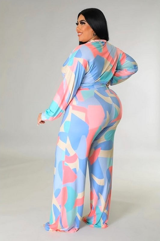 Multi Color Plus Size Crop Top Long Sleeve Self Tie Two Piece Set