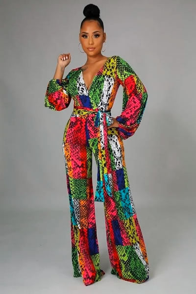 Multi Color Plunging Neckline Stretch Jumpsuit