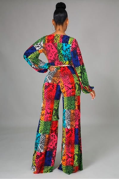 Multi Color Plunging Neckline Stretch Jumpsuit