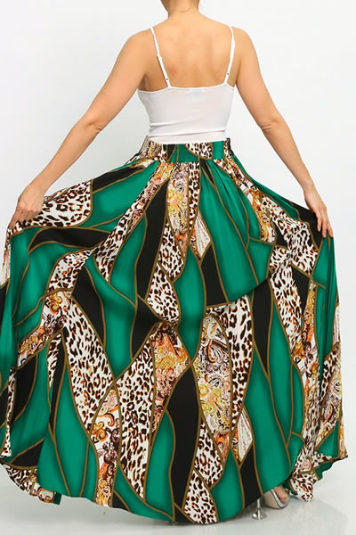 Green Flared Wrap Maxi Skirt