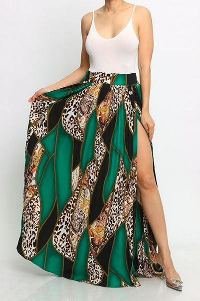 Green Flared Wrap Maxi Skirt