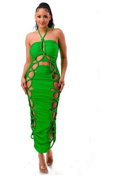 Green Halter Sleeveless Lace Up Back Zipper Ruched Midi Dress