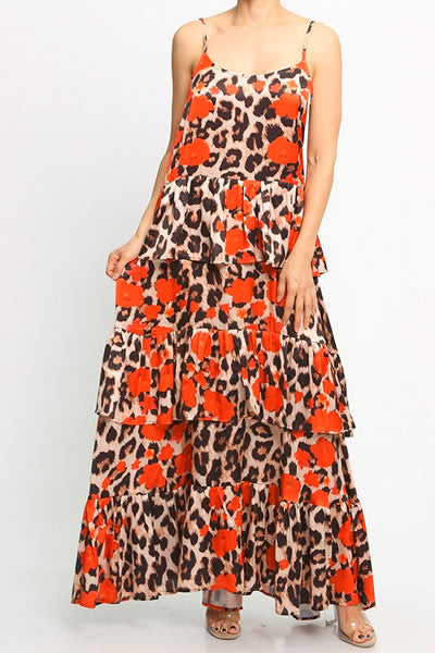 Orange Animal Print Sleeveless Maxi Dress