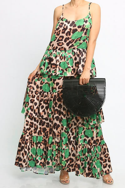 Green Animal Print Sleeveless Maxi Dress