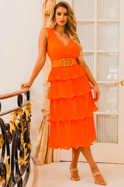 Orange Micro Layered Pleated V-neckline Midi Dress