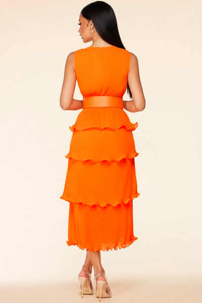 Orange Micro Layered Pleated V-neckline Midi Dress